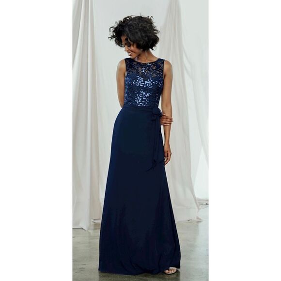 Amsale Lorena Floral Lace Sleeveless V-Back Evening Dress Navy Blue Size 14‎ - Picture 1 of 16